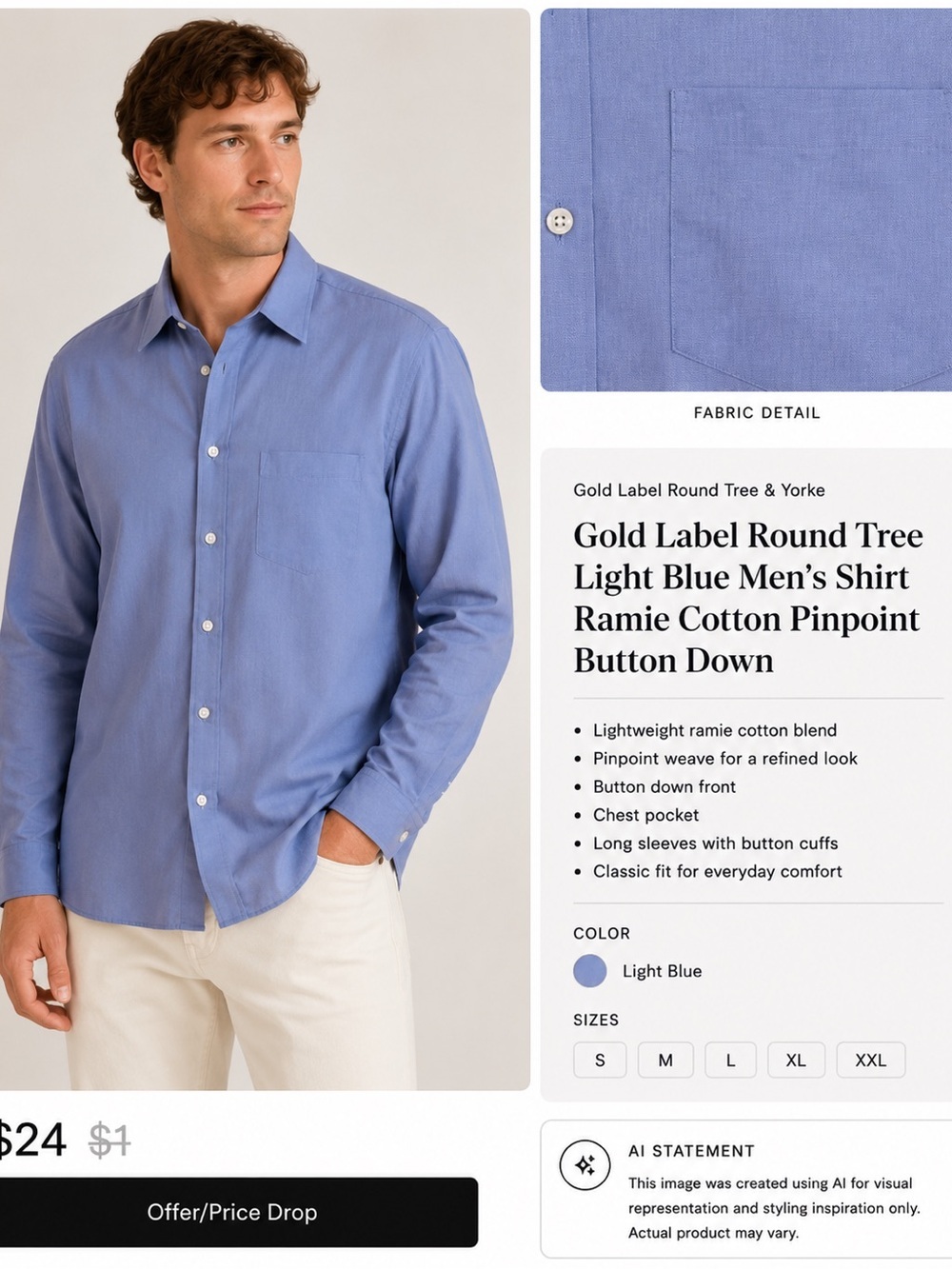 Gold Label Round Tree Light Blue Men's Shirt Ramie Cotton Pinpoint Button Down